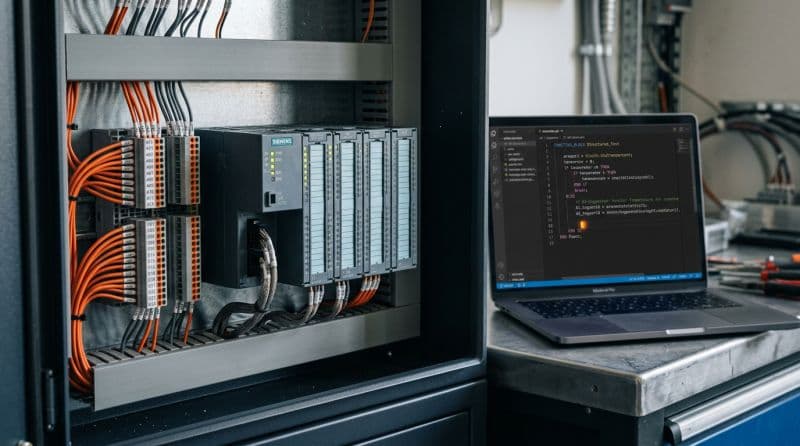 Siemens-SPS im Schaltschrank neben einem Laptop mit Code-Editor — Industrial DevOps verbindet OT-Steuerungstechnik mit IT-Entwicklungswerkzeugen
