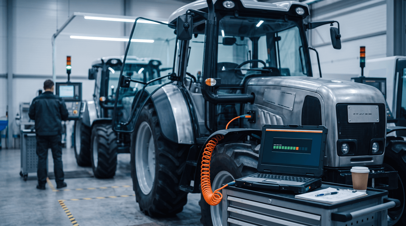 Ein Traktor steht in der Endkontrolle, von seiner Diagnosebuchse führt ein Spiralkabel zu einem Laptop auf einem Prüfwagen