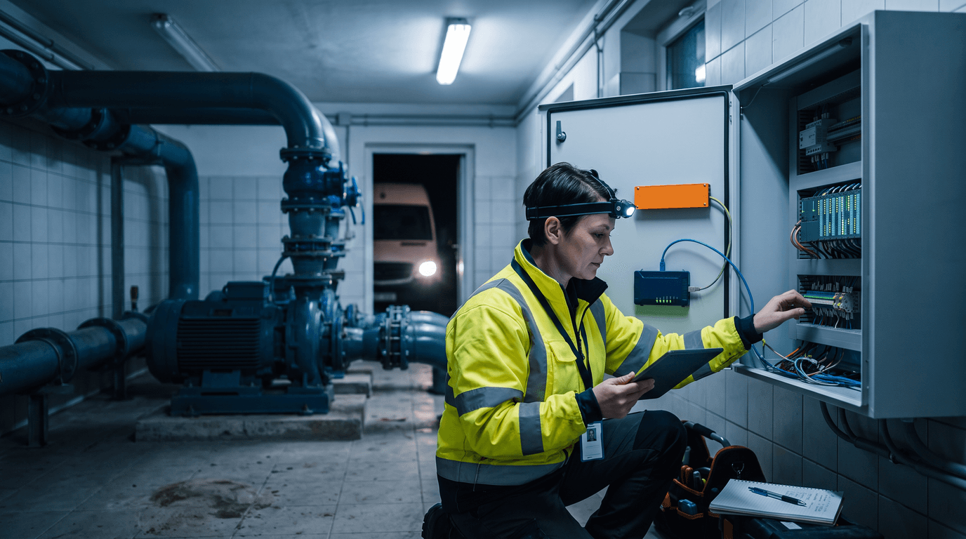 Eine Technikerin des Bereitschaftsdienstes kniet mit Stirnlampe und Tablet vor dem geöffneten Fernwirkschrank eines kleinen Pumpwerks